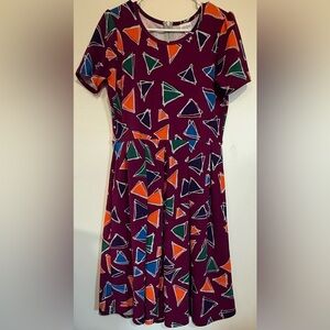 LuLaRoe Purple Triangle Print Skater Dress with Orange, Green & Blue Accents